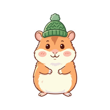 Cute little hamster wearing green winter beanie hat