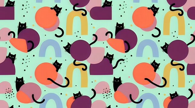 遊び心のある黒猫と幾何学模様のシームレスパターン