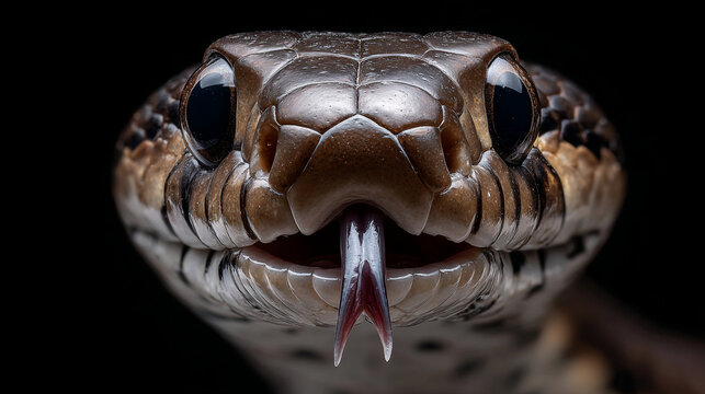 Intricate brown snake head portrait showing glistening scales and a flickering forked tongue macro photography shot