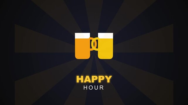 Happy hour animation featuring clinking beer mugs with foam and text on a dark radial background graphic resource vector motion design