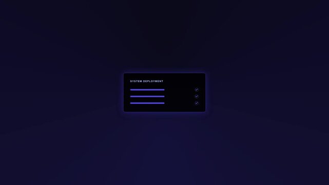 System deployment checklist animation with purple progress indicators and glowing interface elements on a dark futuristic digital background for software development concepts