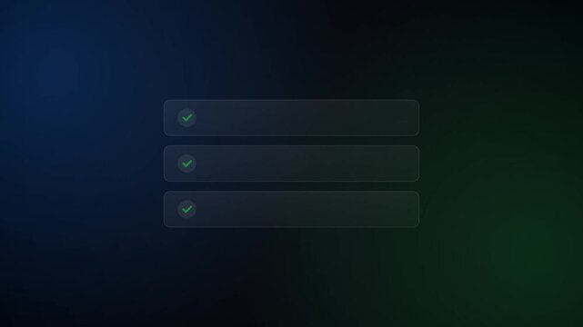 Checklist animation displaying interactive task completion with green checkmark symbols appearing on dark translucent interface design elements over moody abstract gradient background
