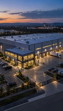 Warehouse building complex with loading docks parking lot and trucks at twilight