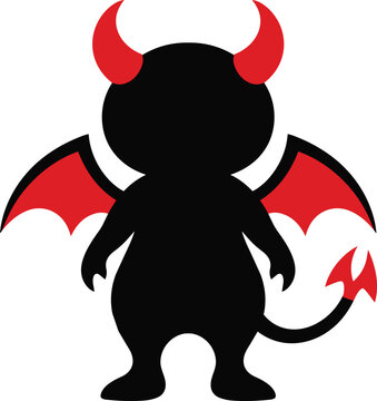 Black Devil Character With Red Horns Wings and Curled Tail