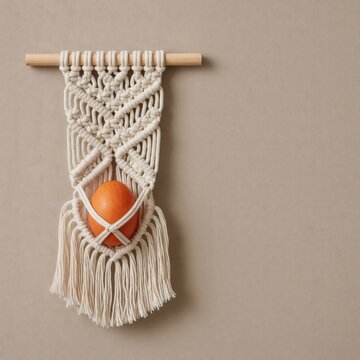 Orange egg in macrame wall hanging with wooden dowel on neutral background.