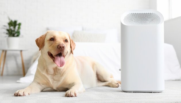 A happy yellow Labrador lying on a carpet next to a modern white air purifier in a bright, clean living room.
