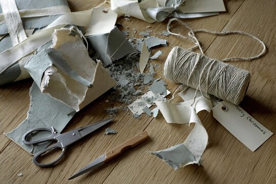 Gift wrapping scraps with twine ribbon and scissors on wooden table.