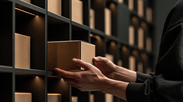 Person placing a cardboard box into a modern storage unit with grid shelves