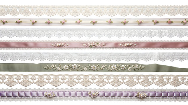 Collection of various decorative lace ribbons and trims isolated on transparent background