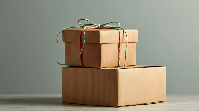 Two stacked cardboard boxes tied with twine on a plain surface