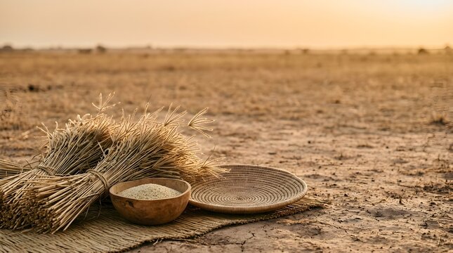 Bundled, cut fonio stalks lying on a woven mat, beside a bowl of raw threshed fonio