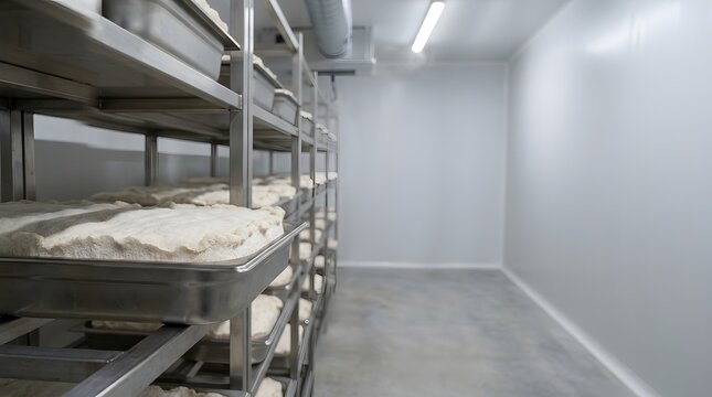 Stainless tray holding  thick cream-white mycelium mat  stacked on a rack