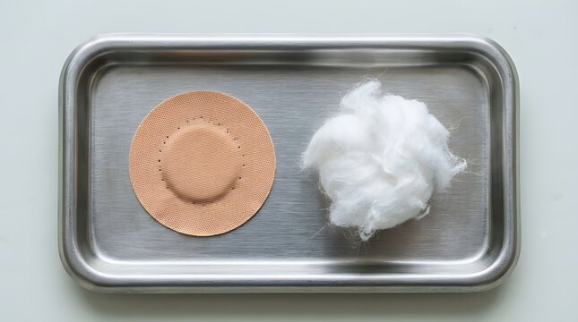 Round adhesive bandage and soft cotton ball on stainless steel medical tray for first aid clinical care and wound treatment marketing