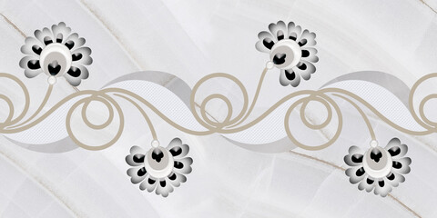 Elegant floral ceramic tile border design, monochrome decorative flower motif pattern, modern grey marble background for bathroom wall decoration © jadav