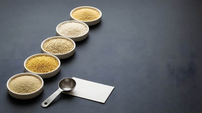 Line of Dry Grains in Small Bowls with Scoop on Slate