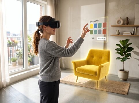 Woman Using Augmented Reality for Interior Design Furniture Placement