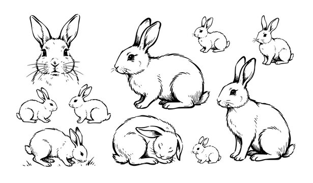 Artistic Rabbit Brush Line Drawing Collection Hand Drawn Monochrome Vector
