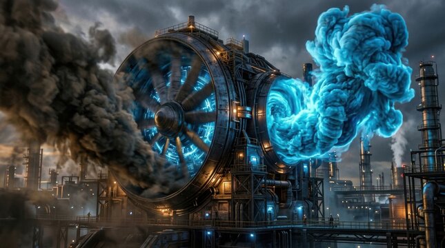 Industrial Steam Plant with Massive Turbine Emitting Blue Smoke in a Smoky Factory Environment