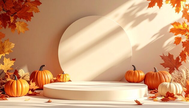Round podium display pedestal with pumpkins and autumn maple leaves on beige background