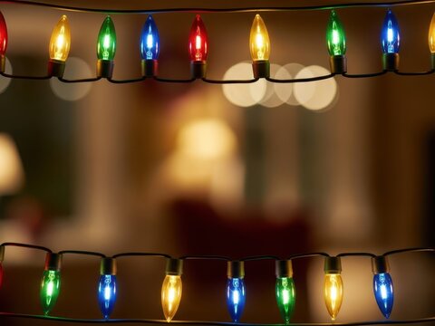 Colorful string lights on a wooden wall with candles