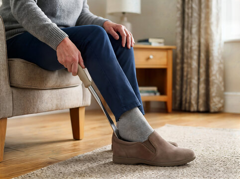 Person using long handled shoehorn to put on comfortable brown shoe