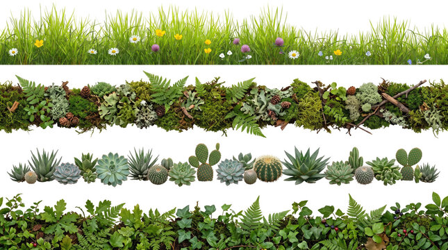 Lush green borders with diverse plants and flowers isolated on transparent background
