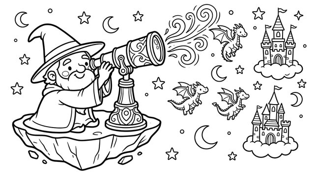 Coloring page of a wizard using a telescope on a floating island to observe small dragons flying near cloud-based castles under a starry sky