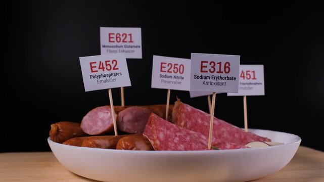 Sausage slices and whole links rotate on a wooden board with E250, E452, E621 and E120 markers displayed across the meat. Food warning concept