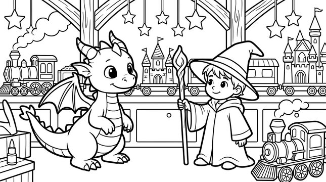 Cute little dragon standing next to a young wizard holding a staff in a toy room with model trains and castles in a coloring page style