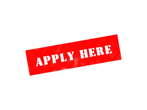 A red rectangular stamp with the white text apply here, isolated on a black background, representing recruitment and job application processes isolated on a transparent background