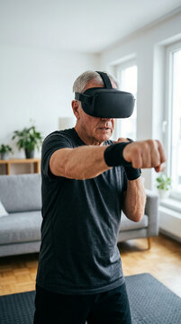 Senior Man Staying Active at Home Wearing Virtual Reality Headset for Boxing Exercise in a Bright Living Room Setting with Modern Technology