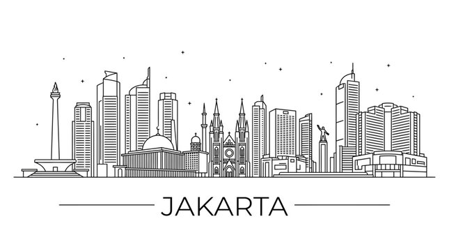 Jakarta Indonesia skyline architectural outline with Monas monument.