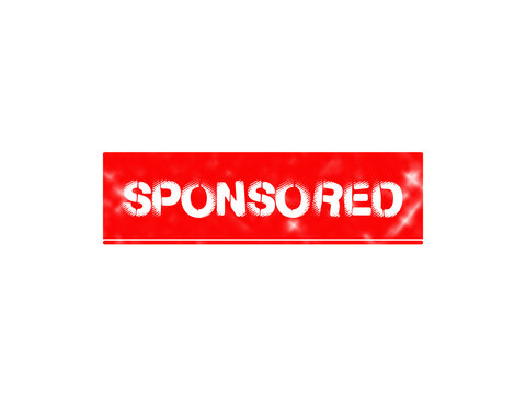 Sponsored text in white distressed font on a solid rectangular red background, isolated against a, deep black background, for web advertisements isolated on a transparent background