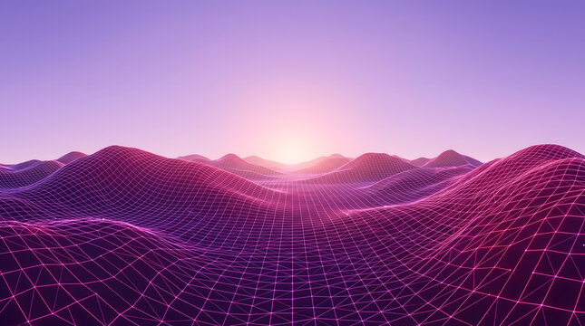 Abstract glowing wireframe data landscape with magenta and purple gradient, retro futuristic concept