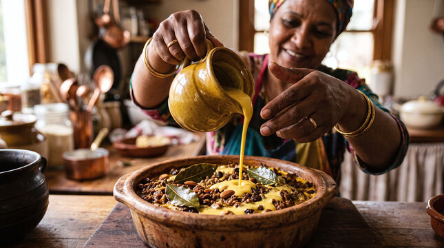 Cape Malay cook pouring custard onto traditional bobotie in kitchen