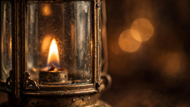 Vintage gas light burning with warm flame in antique metal lantern