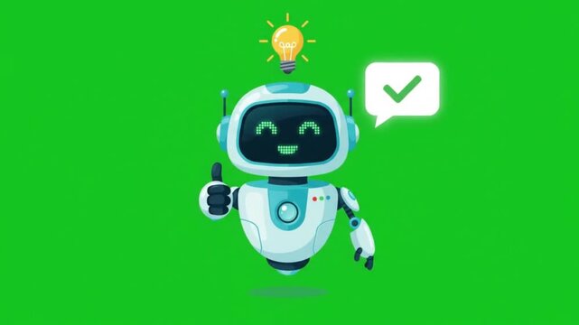 Robot chatbot displays a thumbs up gesture with a checkmark symbol and lightbulb above its head on green background.