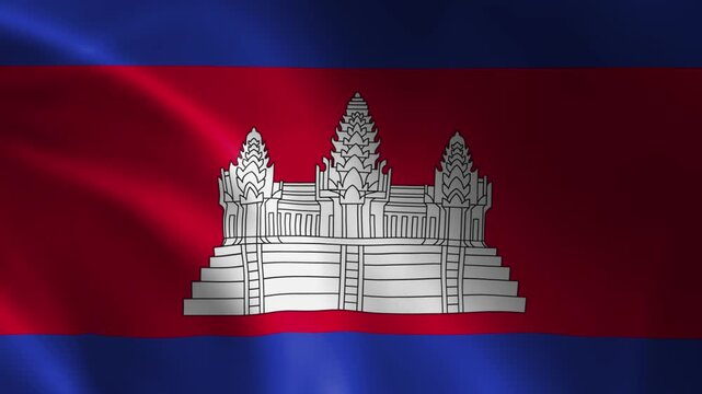 Waving Cambodia national flag with red center band between two blue bands and a white Angkor Wat temple silhouette, fluttering in the wind, full HD 5 second seamless loop animation