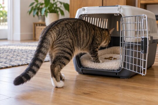Cat Entering an Open Carrier with Treats Inside