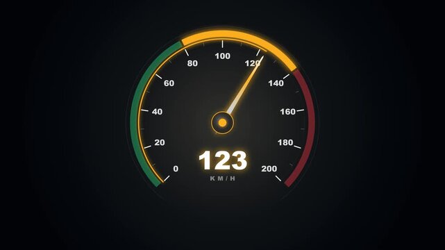Modern digital speedometer animating rapid acceleration with glowing green, orange, and red risk zones on a sleek dark background in futuristic automotive style.