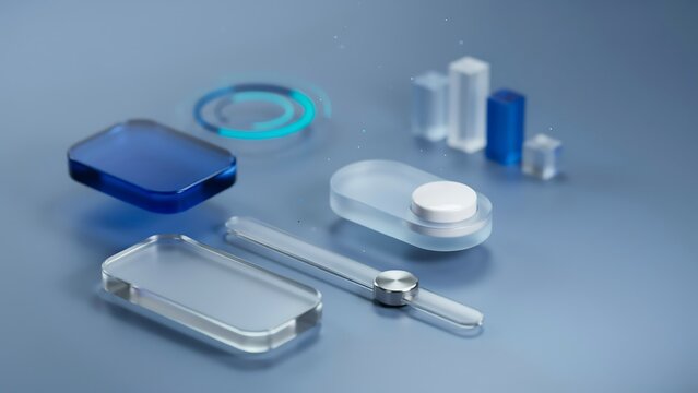 Abstract glass user interface elements featuring sliders switches and charts for modern digital application design
