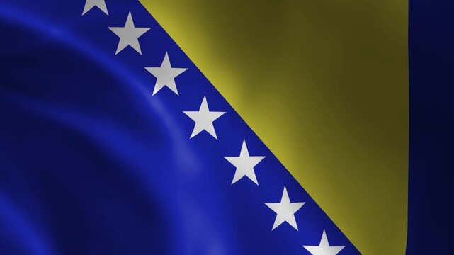 Waving Bosnia and Herzegovina flag with a yellow triangle and a diagonal line of white stars on a blue field, fluttering in the wind, full HD 5 second seamless loop animation