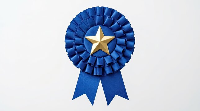 Close up of a blue ribbon rosette with a gold star on a white background