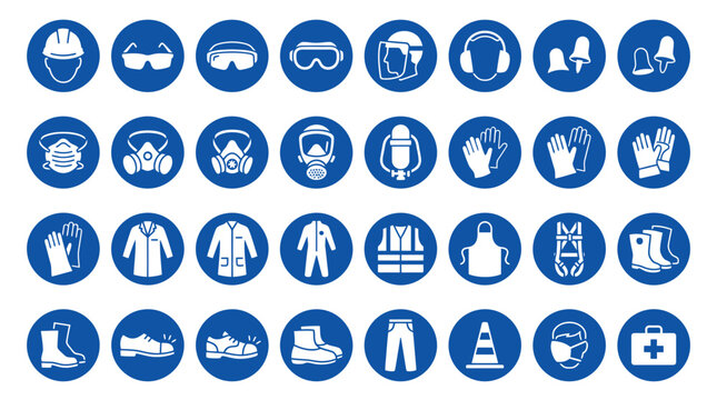Comprehensive safety equipment and personal protective gear vector icons set in blue circles background
