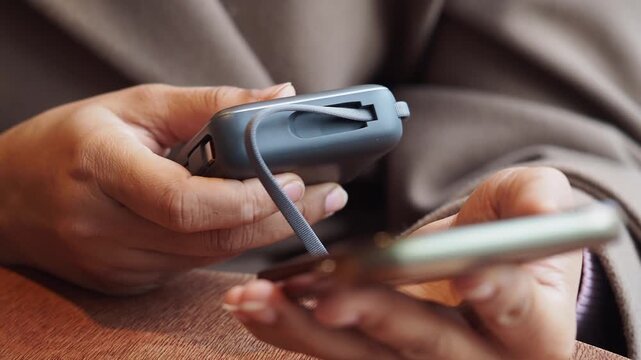 Person holds power bank and phone for charging outdoors on wooden table.