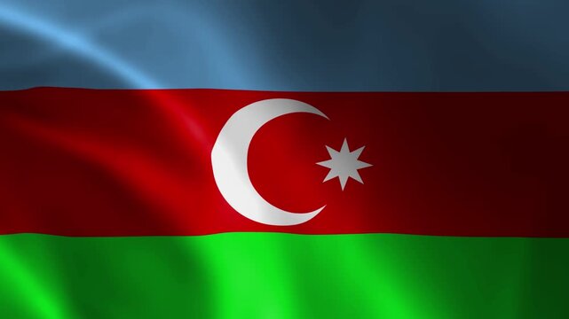 Waving Azerbaijan flag with blue, red and green horizontal bands and a white crescent with an eight-pointed star, fluttering in the wind, full HD 5 second seamless loop animation