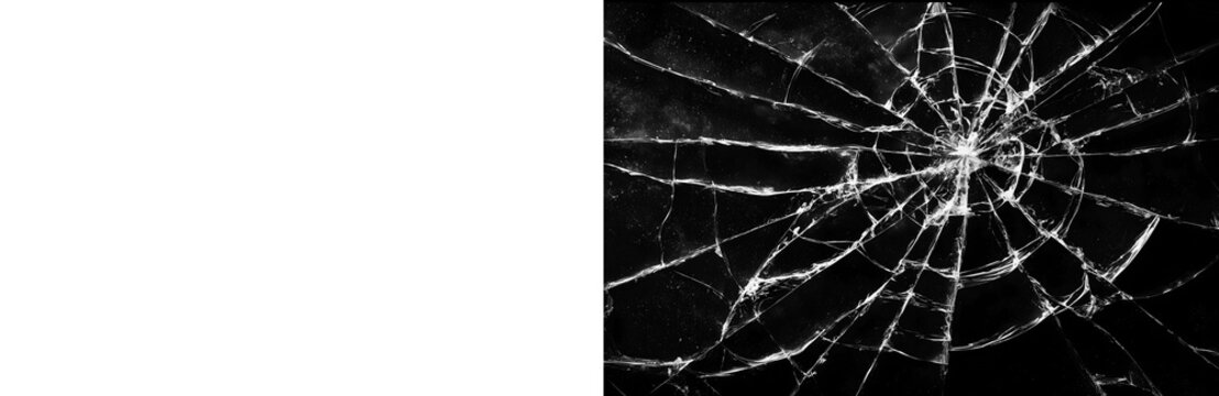 Detailed shattered glass texture featuring radial cracks and sharp sharp edges creating dramatic destruction effects isolated on transparent background