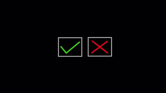 Yes ,No Selection Animation , Check Mark ,No and Cross Symbol in 4K.Correct Incorrect Check Mark and Cross Icon Animation on transparent background .Checkbox Selection Motion Graphic