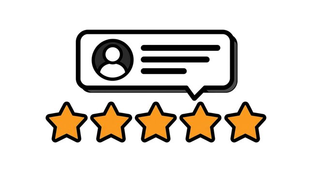 Customer testimonial speech bubble showing five stars rating in bold outline cartoon style for online business review interface