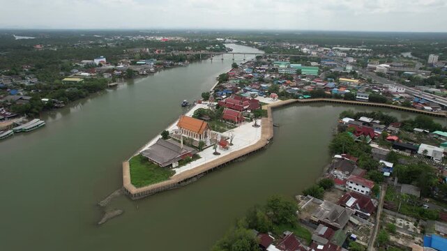 Aerial view of Wat Yai on the Mae Klong River in Samut Songkhram, Thailand